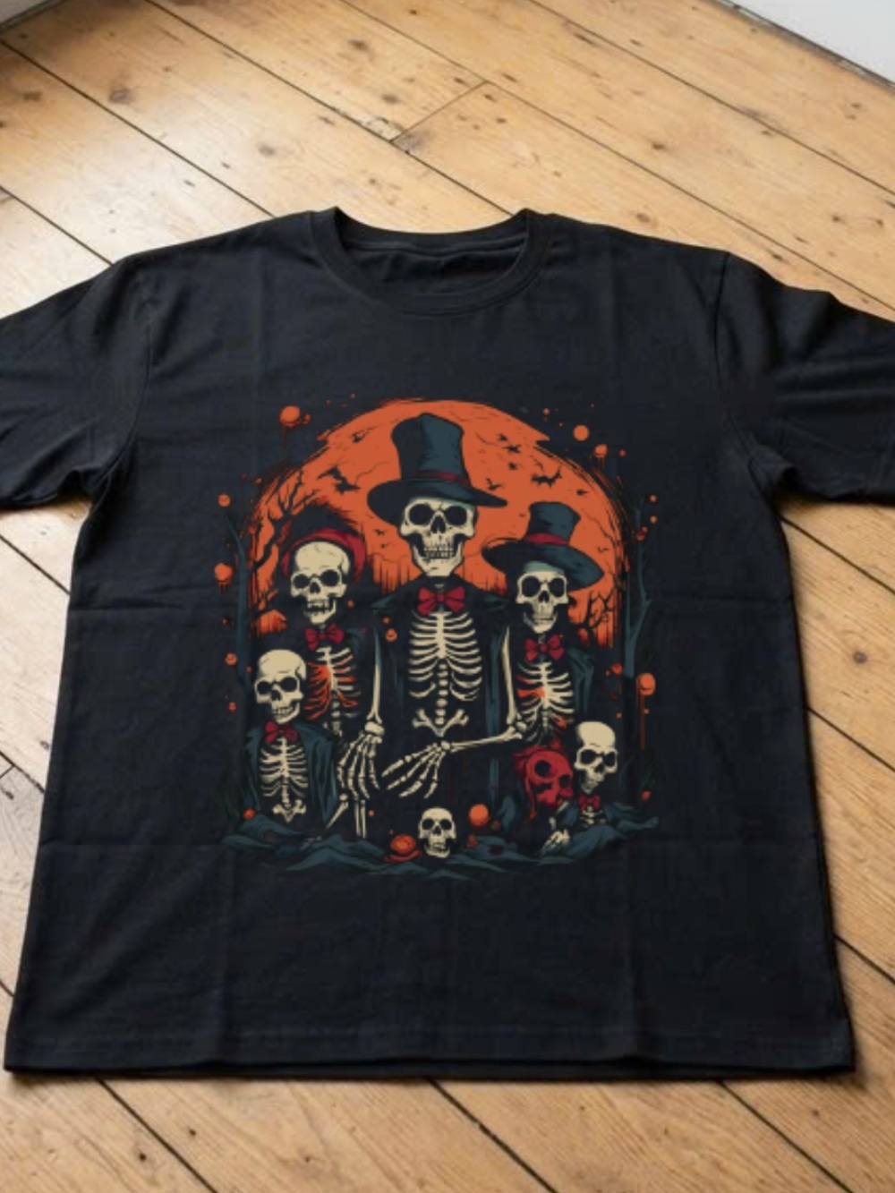 Gildan Black Skeleton Family Graphic Tee with Orange Moon